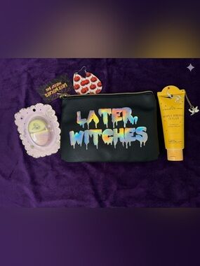 Holographic 'Later Witches' Black makeup bag w/ lotion , earrings &lip balm set